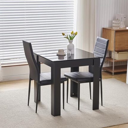 Modern Black Dining Table and Pu Leather Chairs Set